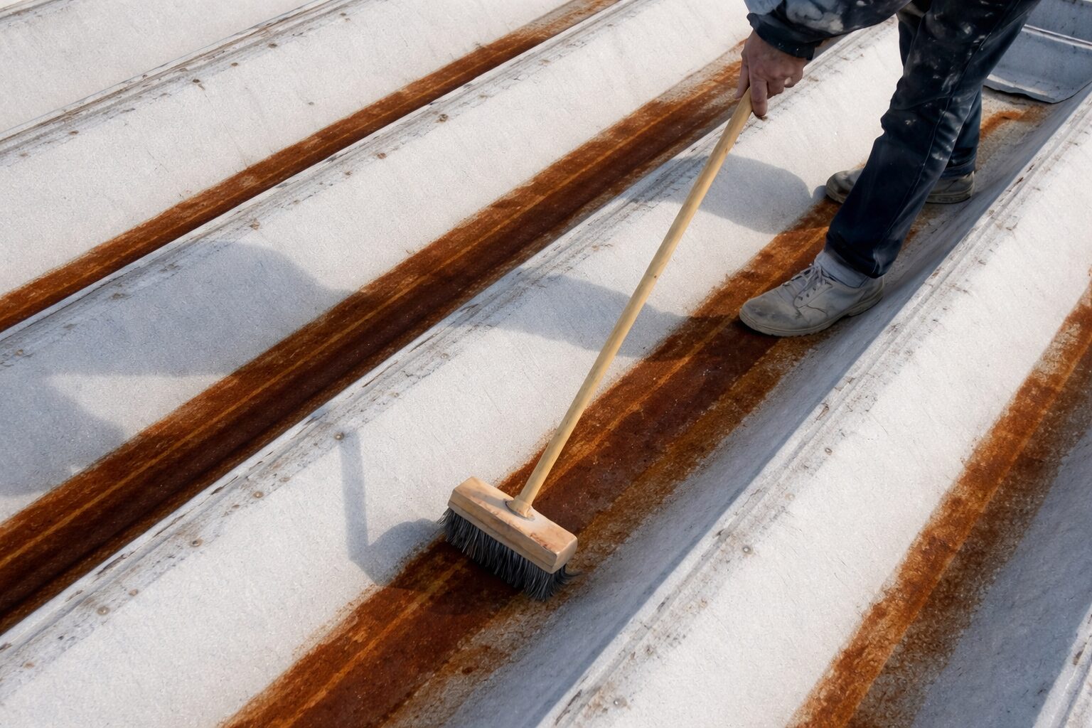 花巻市の工場折半屋根にケレン作業を行っている様子